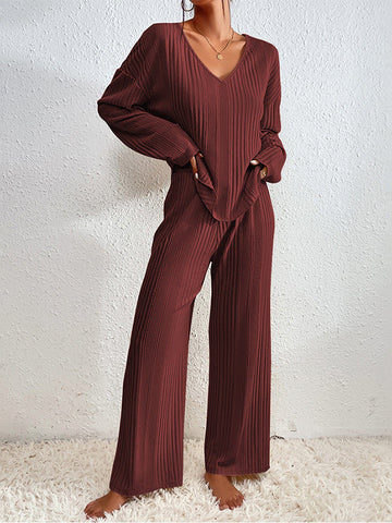 Solid Color Long Sleeves Loose V-Neck Shirt Top + Pants Bottom Pajama Sets