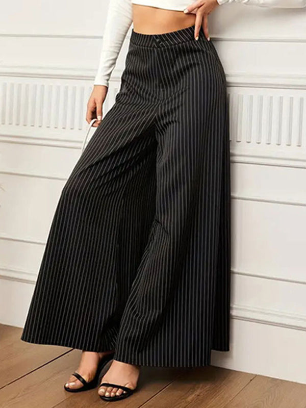 Buttoned Split-Joint Striped High Waisted Wide Leg Trousers Pants