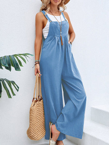 Pleated Split-Joint Loose Plus Size Spaghetti-Neck Overalls