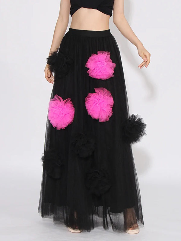 Contrast Color See-Through Split-Joint Three-Dimensional Flower Tulle A-Line Loose Skirts Bottoms