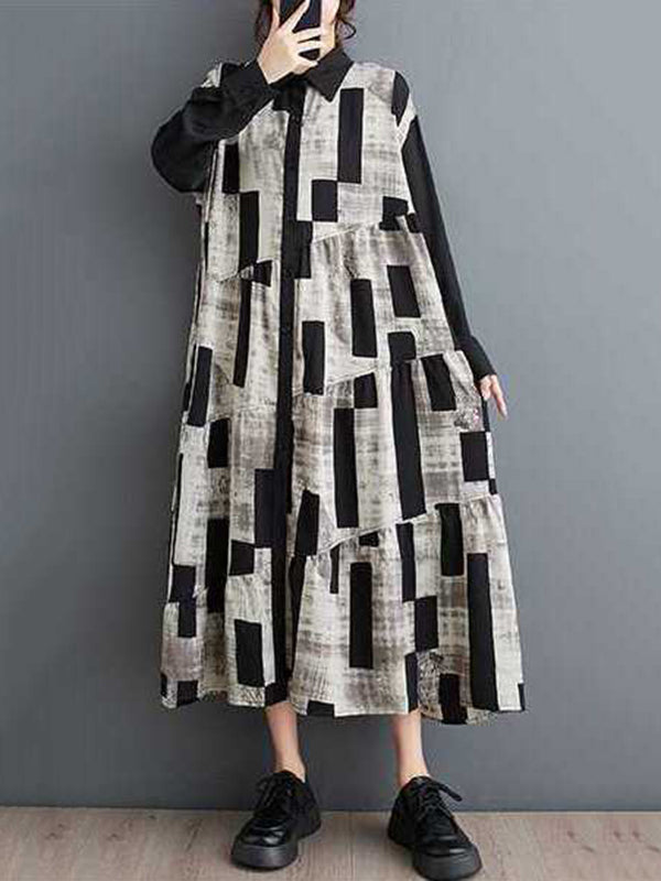 Buttoned Printed Split-Joint A-Line Long Sleeves Lapel Shirt Dress Midi Dresses