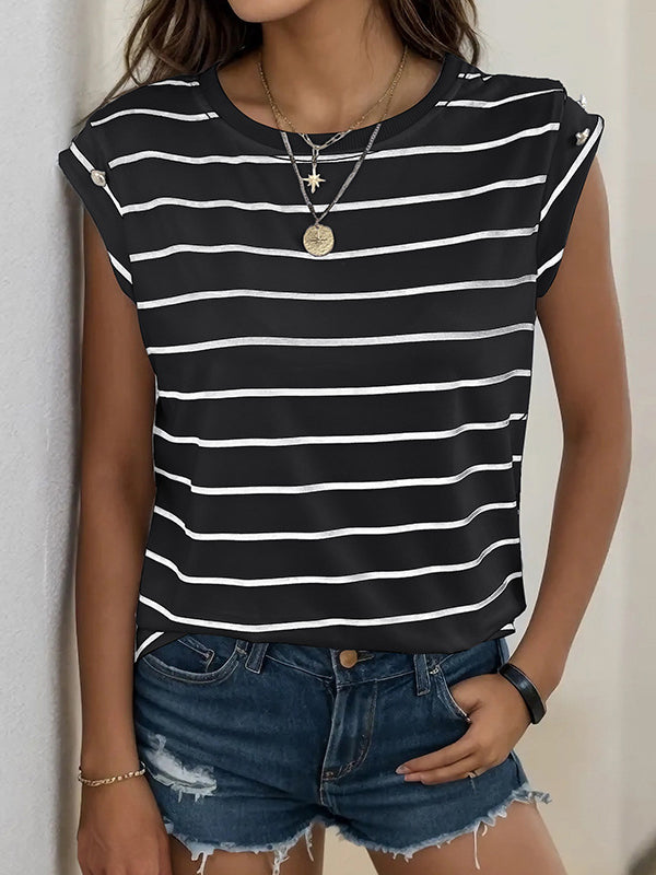 Split-Joint Striped Loose Short Sleeves Round-Neck T-Shirts