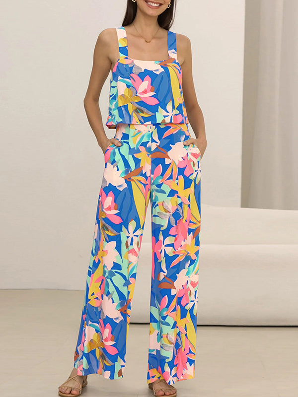 Elasticity Pockets Printed High Waisted Loose Spaghetti-Neck Jumpsuits