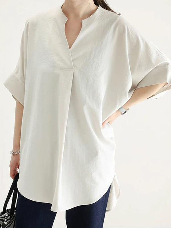 Pleated Solid Color Split-Joint Half Sleeves High-low V-neck Blouses&shirts Tops