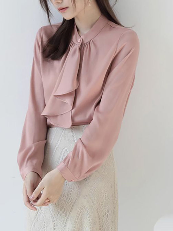 Buttoned Pleated Ribbon Pure Color Long Sleeves Roomy Mock Neck Blouses&Shirts Tops