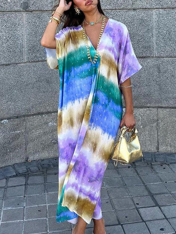 Printed Loose Raglan Sleeve V-neck Maxi Dresses