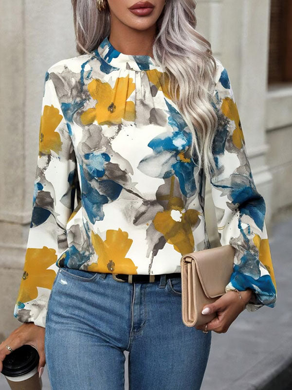 Elasticity Flower Print Pleated Long Sleeves Loose Mock Neck Blouses&Shirts Tops