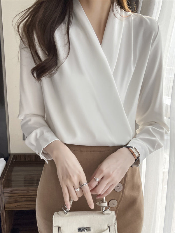 Buttoned Solid Color Long Sleeves Loose V-Neck Blouses&Shirts Tops