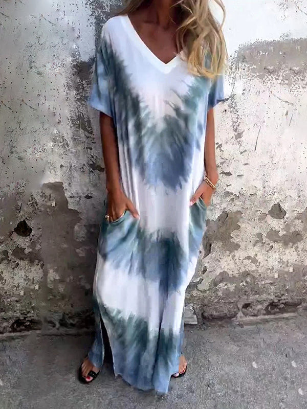 Contrast Color Pockets Tie-dyed A-line Loose V-neck Maxi Dresses