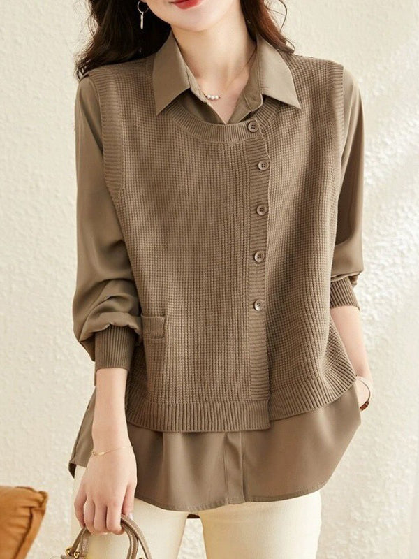 Long Sleeves Loose Solid Color Lapel  Inner Shirt + Pockets Buttoned Outer Knit Vest Two Pieces Set