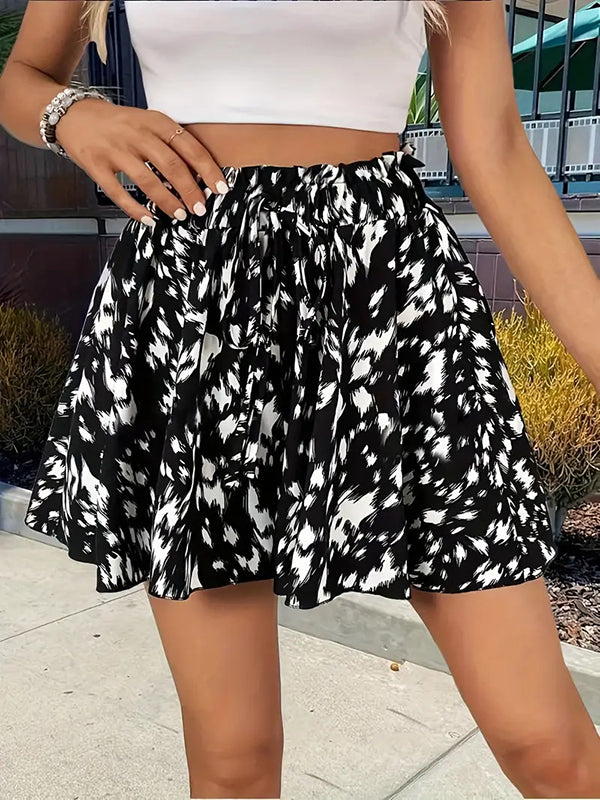 Drawstring Elasticity Printed Split-Joint High Waisted Loose Shorts