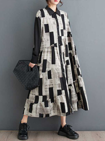 Buttoned Printed Split-Joint A-Line Long Sleeves Lapel Shirt Dress Midi Dresses