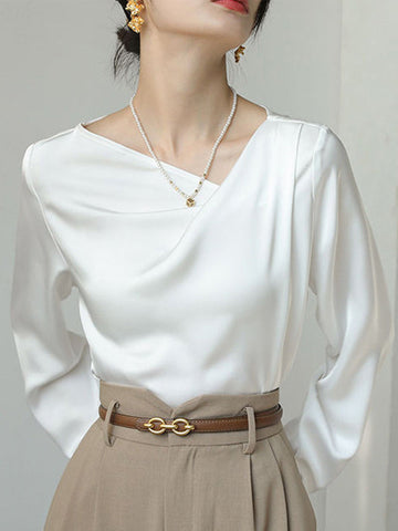 Asymmetric Pleated Solid Color Split-Joint Long Sleeves Loose V-Neck Blouses&Shirts Tops