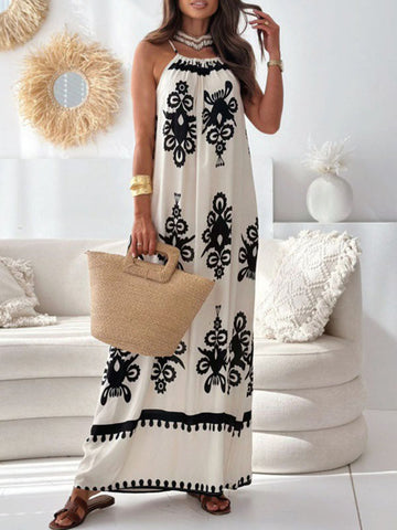 Printed Split-Joint Loose Sleeveless Spaghetti-Neck Maxi Dresses