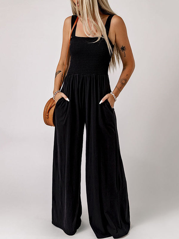 Pleated Plain Sleeveless Wide Leg Square-Neck Jumpsuits