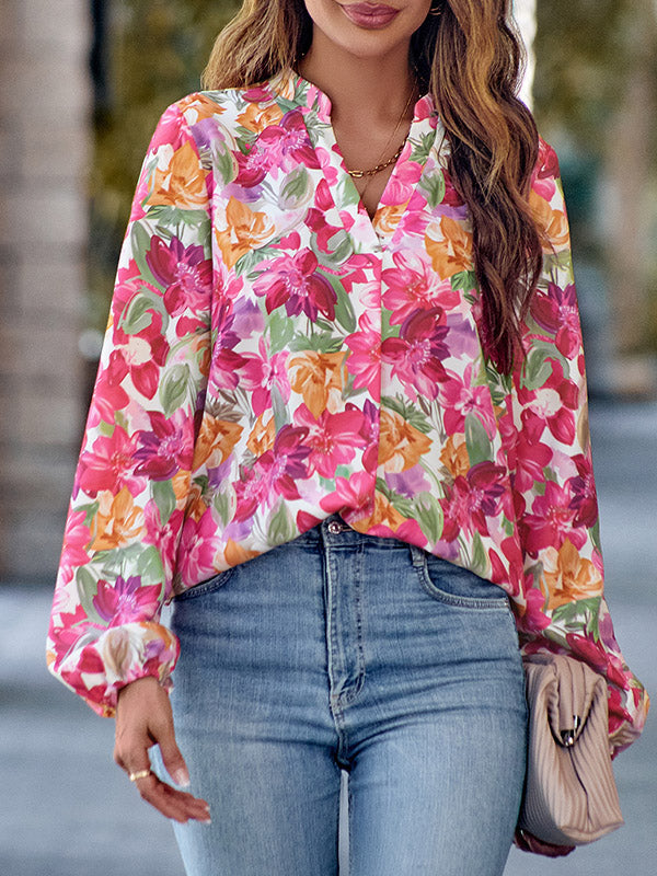 Elasticity Flower Print Long Sleeves Loose V-Neck Blouses&Shirts Tops