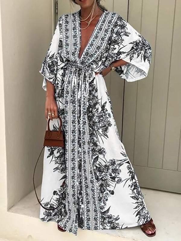 Buttoned Drawstring Flower Print Pleated Tied Waist Long Sleeves Loose V-Neck Maxi Dresses