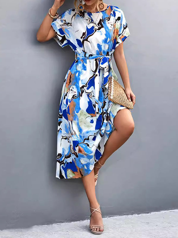 Hollow Printed Tied Waist A-Line Loose Round-Neck Midi Dresses