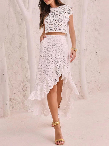 Jacquard Solid Color Flower Print Hollow Round-Neck Vest Top + Ruffle Trim Bodycon High-Low Skirts Bottom Two Pieces Set