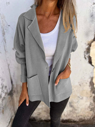 Pockets Solid Color Split-Joint Long Sleeves Loose Lapel Outerwear