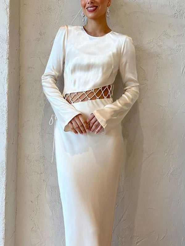 Hollow Solid Color High Waisted Long Sleeves Round-Neck Maxi Dresses