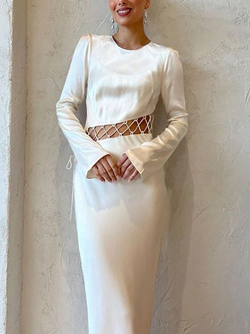 Hollow Solid Color High Waisted Long Sleeves Round-Neck Maxi Dresses