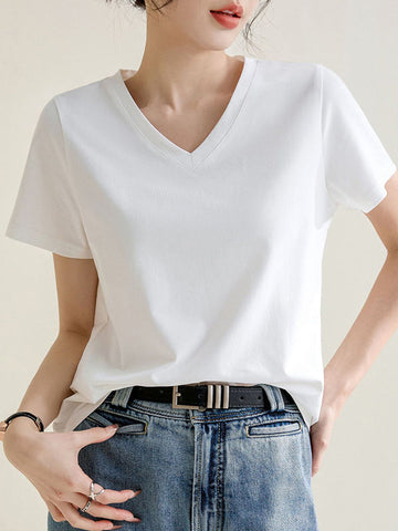 Solid Color Loose Short Sleeves V-Neck T-Shirts Tops