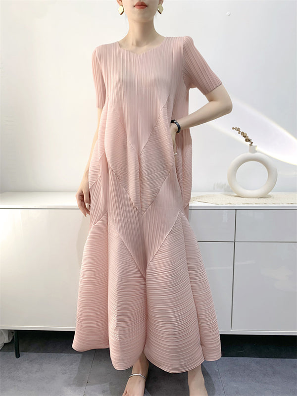 Pleated Solid Color Split-Joint Loose Short Sleeves V-Neck Midi Dresses