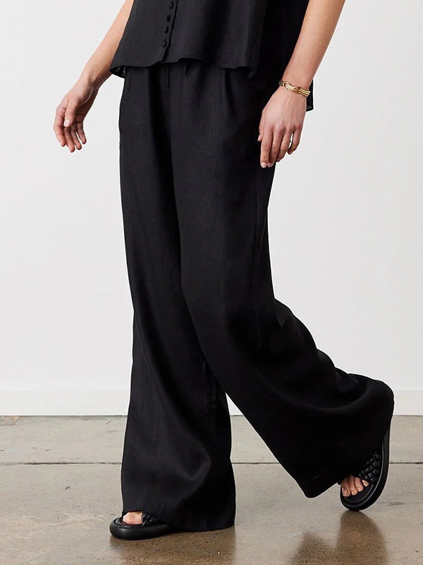 Pockets Pure Color High Waisted Relaxed Fit Trousers Pants