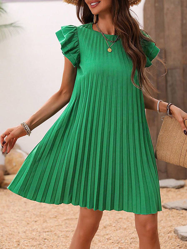 Hollow Pleated Solid Color Split-Joint A-Line Loose Round-Neck Mini Dresses