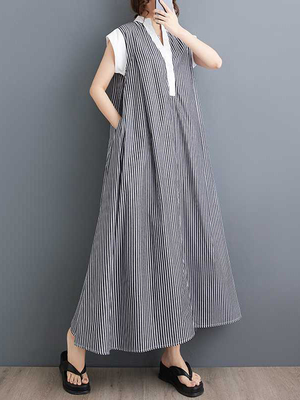 Buttoned Striped Cap Sleeve Loose Lapel Shirt Dress Maxi Dresses