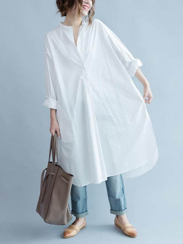 Buttoned Solid Color Split-Side High-Low Long Sleeves Lapel Shirt Dress Midi Dresses