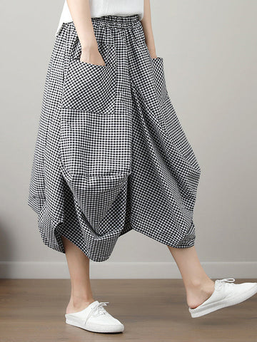 Elasticity Plaid Pleated Pockets High Waisted Irregularity Skirts