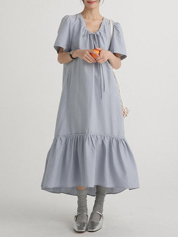 Drawstring Pleated Solid Color Split-Joint Loose Short Sleeves V-neck Shirt Dress Midi Dresses