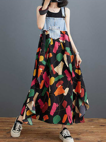 Contrast Color Pockets Printed Split-Joint A-Line Loose Spaghetti-Neck Maxi Dresses