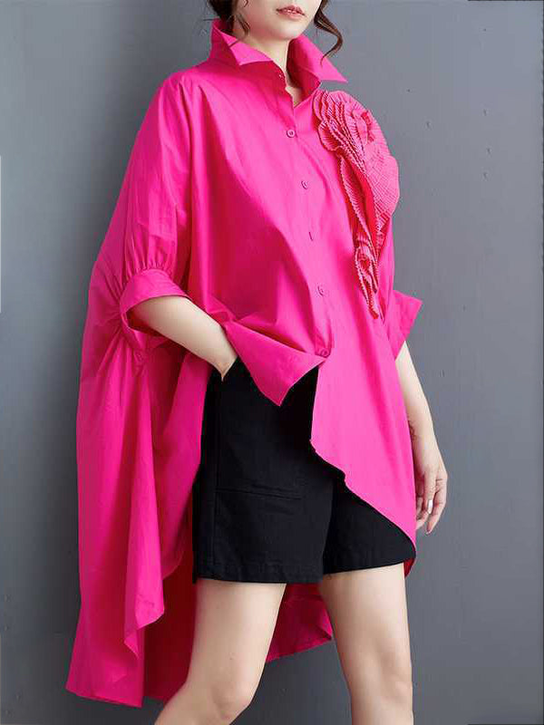 Asymmetric Buttoned Pleated Solid Color Three-Dimensional Flower Batwing Sleeves Half Sleeves Lapel Blouses&Shirts Tops