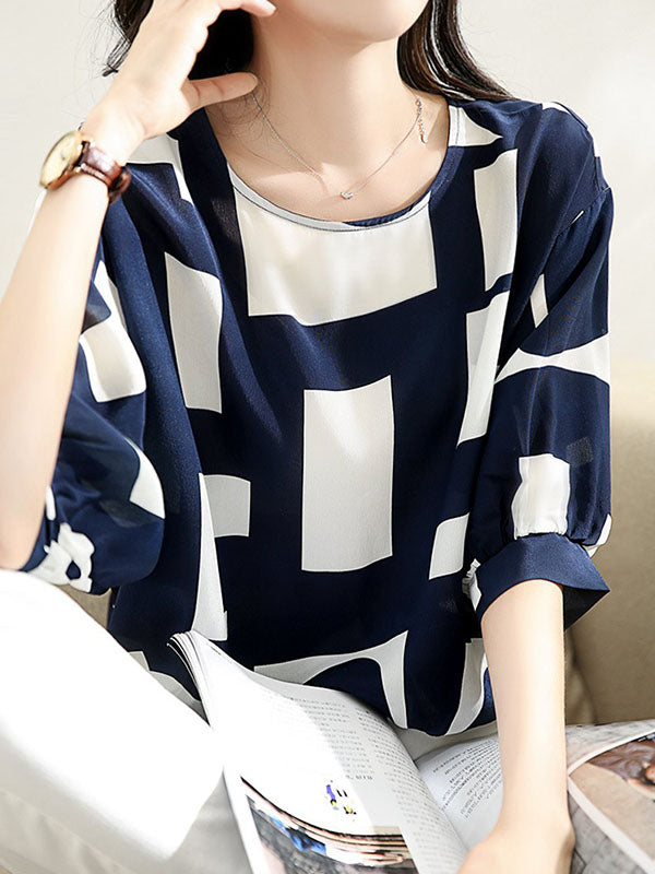 Printed Split-Joint Loose Three-Quarter Sleeves Round-Neck Blouses&Shirts Tops