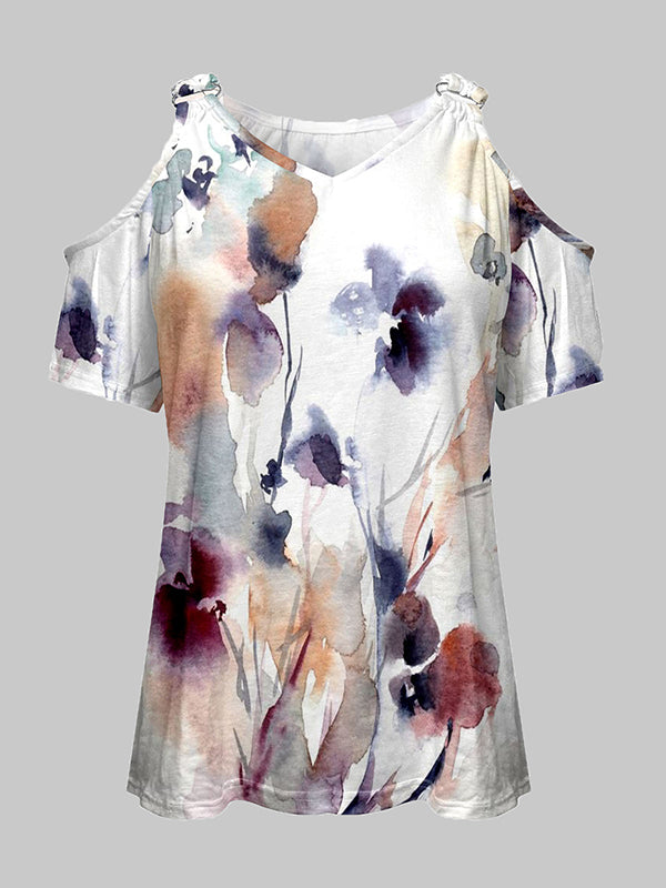 Flower Print Split-Joint Loose Short Sleeves Cold shoulder T-Shirts Tops