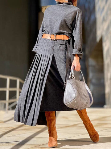 Solid Color Loose Top +  Asymmetric Pleated Split-Joint  Skirt Two Pieces Set