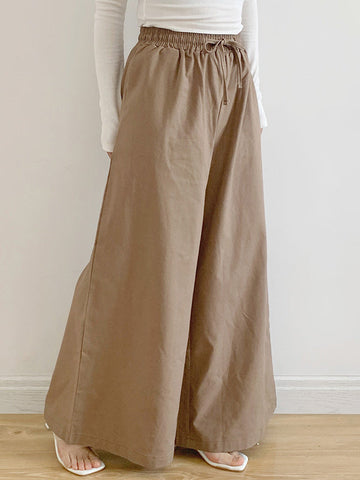 Drawstring Elasticity Pockets Solid Color High Waisted Loose Trousers Pants