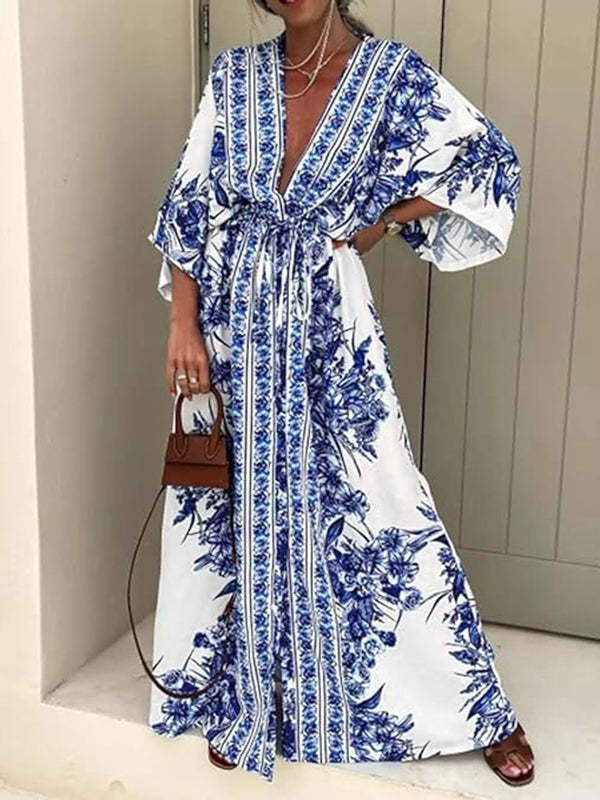 Buttoned Drawstring Flower Print Pleated Tied Waist Long Sleeves Loose V-Neck Maxi Dresses