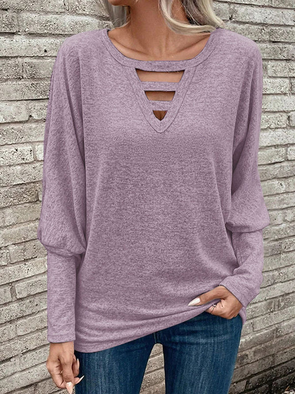 Hollow Solid Color Split-Joint Long Sleeves Loose V-neck T-Shirts Tops