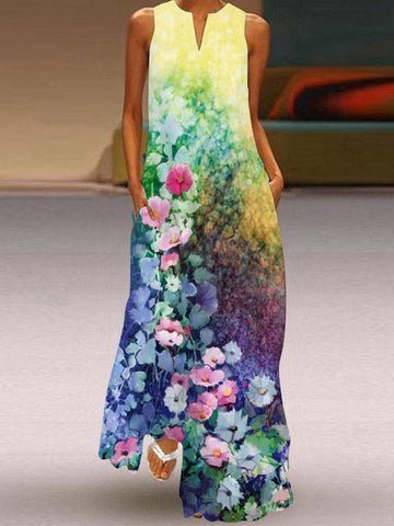 Flower Print A-Line Loose Round-Neck Maxi Dresses