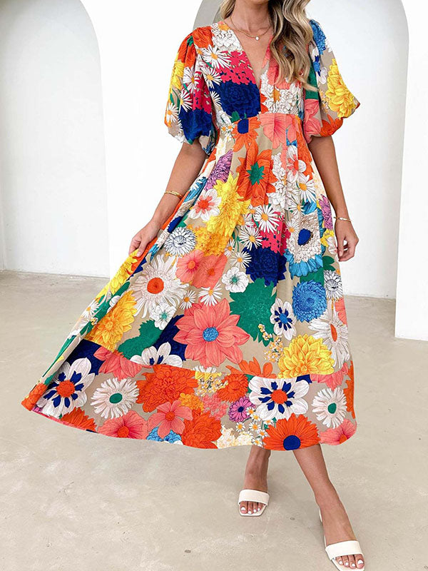 Flower Print Pleated Split-Joint Zipper A-line High Waisted V-neck Maxi Dresses