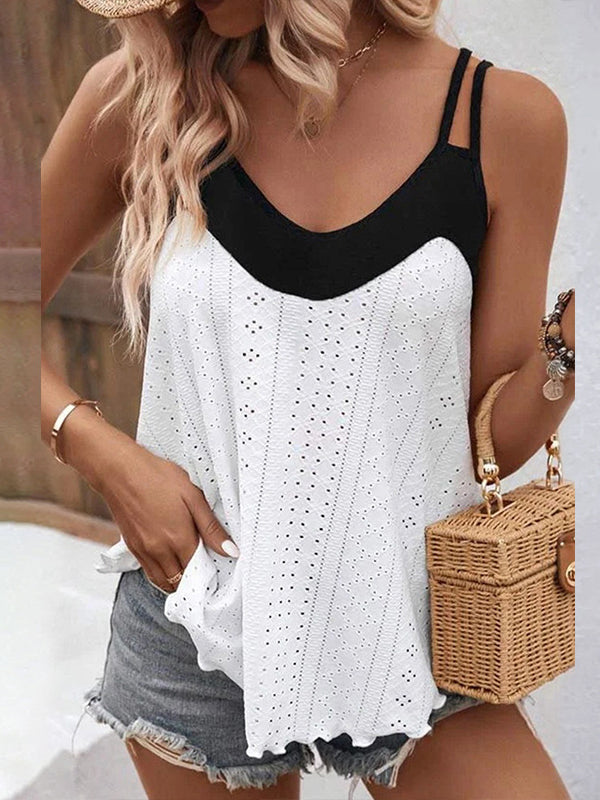 Contrast Color Hollow Split-Joint Loose Sleeveless Spaghetti-Neck Vest Top