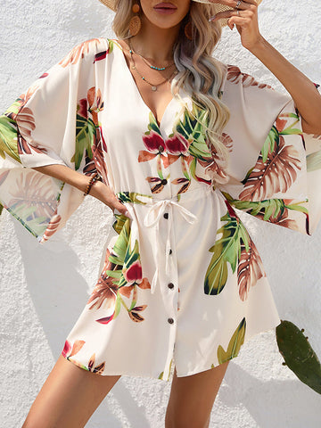 Buttoned Drawstring Leaves Print A-Line Half Sleeves V-Neck Mini Dresses