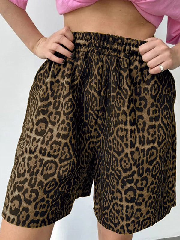 Elasticity Leopard Pockets Split-Joint Zipper High Waisted Loose Shorts Bottoms