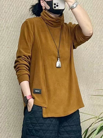 Asymmetric Plain Long Sleeves Relaxed Fit High Neck T-Shirts Tops