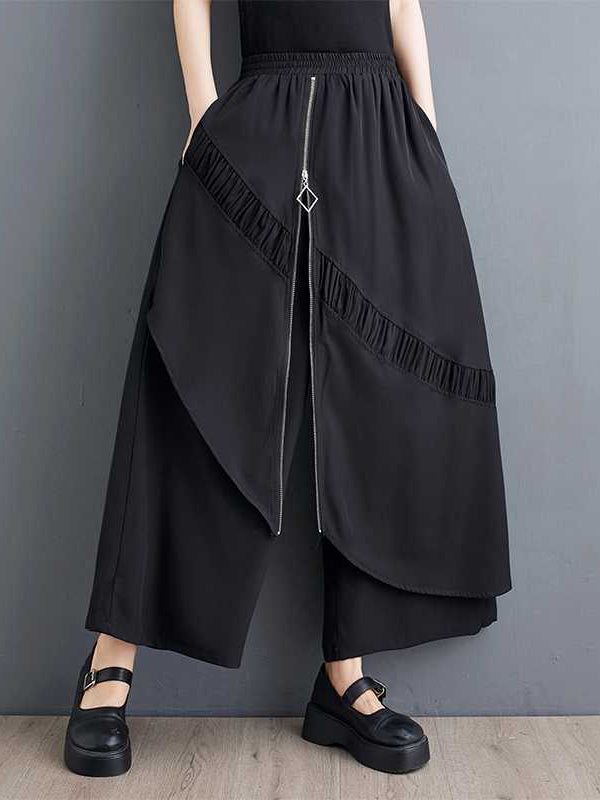 Elasticity Pleated Pockets Split-Joint Zipper High Waisted Loose Pants Culotte