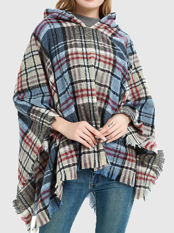 Fringed Hooded Keep Warm Plaid Shawl&Cloak Cape